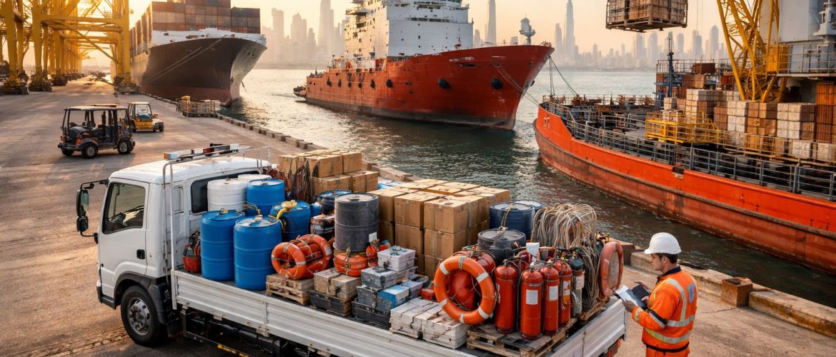 Fast marine supply delivery at UAE port with cargo vessels, marine equipment truck, and dockside operations supporting reduced vessel downtime