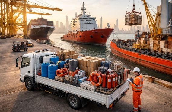 Fast marine supply delivery at UAE port with cargo vessels, marine equipment truck, and dockside operations supporting reduced vessel downtime