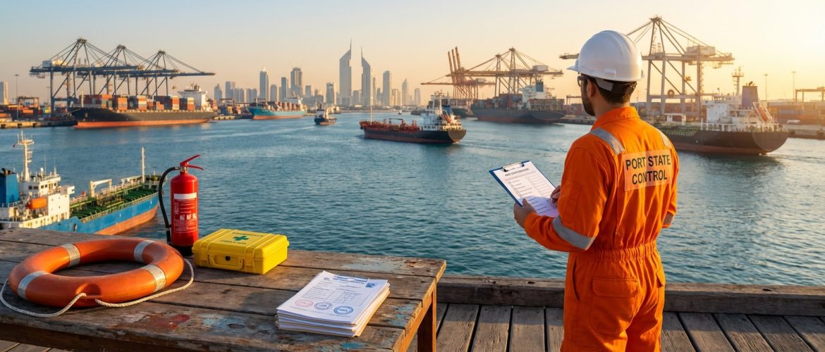 Realistic Port State Control marine safety inspection scene at a UAE port with cargo vessels, PSC inspector holding checklist, and marine safety equipment on dock.