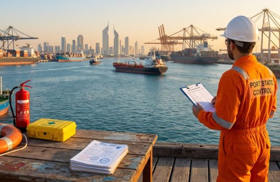 Realistic Port State Control marine safety inspection scene at a UAE port with cargo vessels, PSC inspector holding checklist, and marine safety equipment on dock.