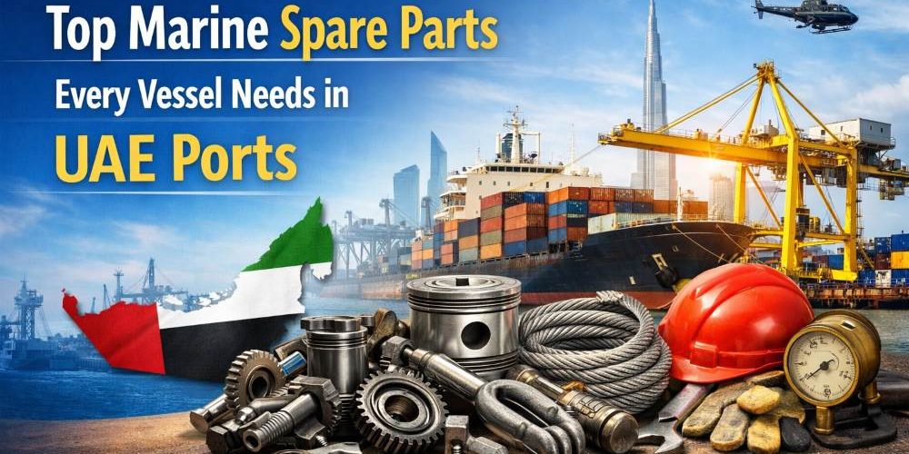 Top Marine Spare Parts Every Vessel Needs in UAE Ports banner showing ship spare parts, lifting gear, safety helmet, and container vessel at a UAE port