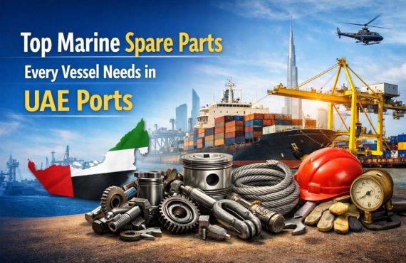 Top Marine Spare Parts Every Vessel Needs in UAE Ports banner showing ship spare parts, lifting gear, safety helmet, and container vessel at a UAE port